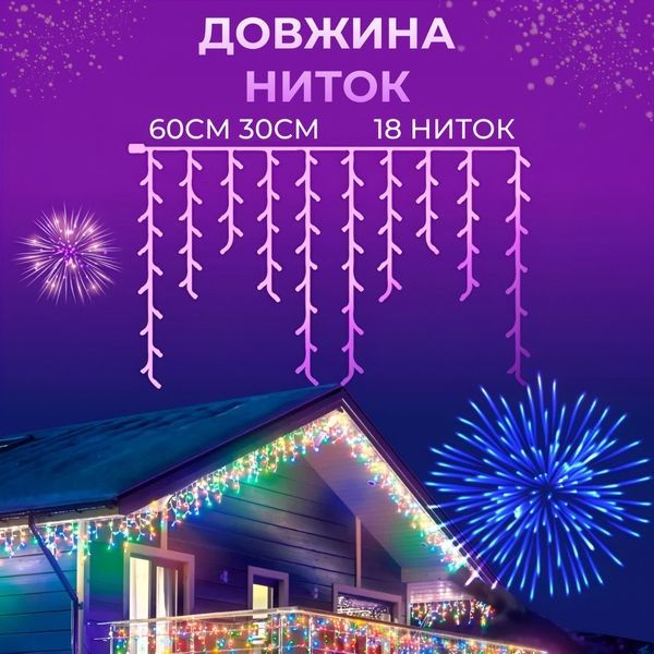 Уличная гирлянда Бахрома 3 м, 90 LED, 18 нитей, белый провод, мультиколор 3МWML фото