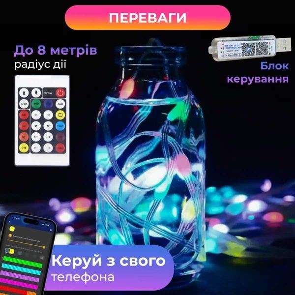 Розумна гірлянда Smart 2,5 м, 250 LED, керування зі смартфона, прозорий провід, мультиколор 1733044W фото