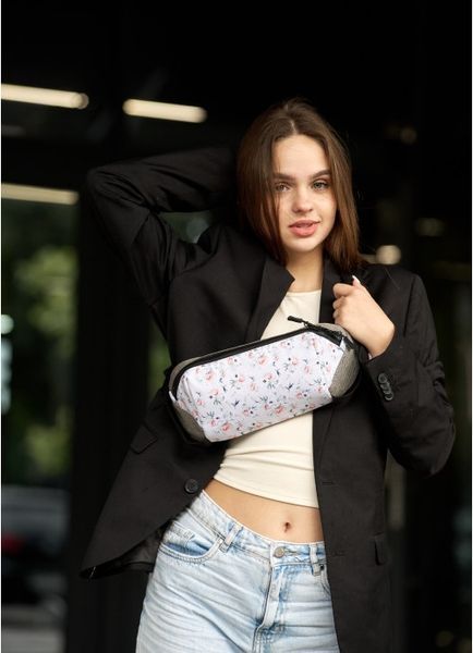 Сумка через плече бананка Sambag Holster MSH серая тканева з квітковим білим принтом 87118706 фото