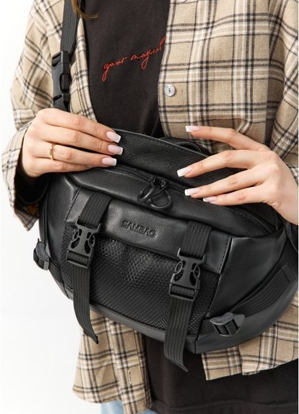 Велика шкіряна жіноча поясна сумка бананка Sambag DynamicDart чорна 80411101 фото