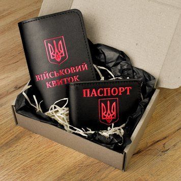 Набір обкладинок: військовий квиток та ID-паспорт (чорний, червоне тиснення) N3Y1B фото