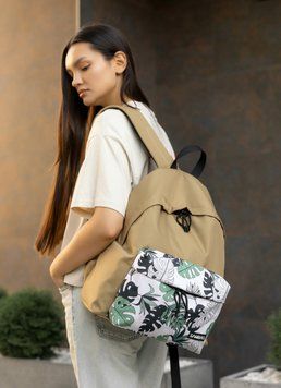 Женский рюкзак Sambag Active песочный тканевый с принтом "monstera" 11811144 фото